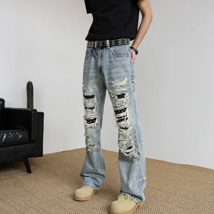 美式街头风潮流痞帅夏季破洞牛仔裤男款浅蓝色刮烂烫钻宽松微喇裤