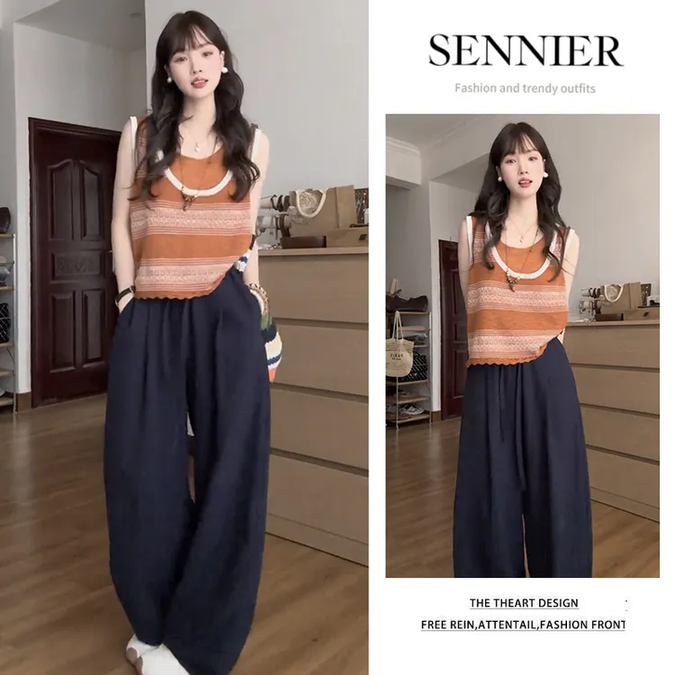 时尚穿搭女2025夏季新款宽松印花假两件无袖背心显瘦阔腿裤两件套