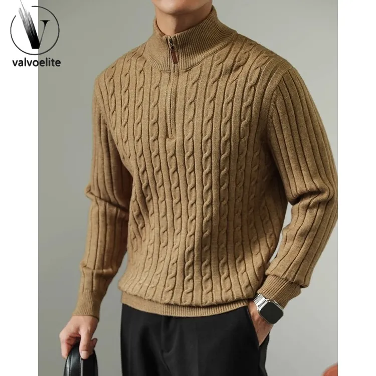 秋冬季新款半高领针织衫男士商务休闲提花半拉链套头毛衣针织衫