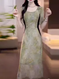 F506气质高端法式复古精致长款连衣裙2025夏季新款茶歇收腰长裙