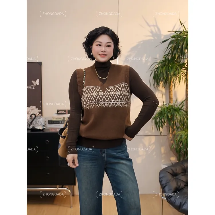 ZHONG大大【】早秋新款复古提花V领减龄洋气百搭杏色马甲女12000