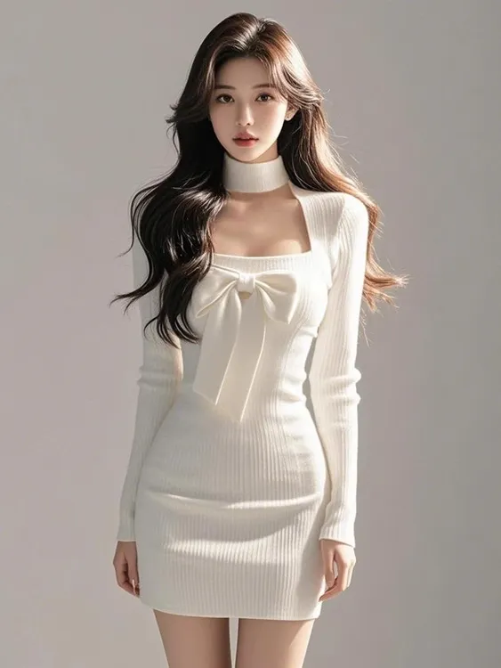 【KEKE】小众绝美针织连衣裙女2025春季新款法式温柔风蝴蝶结包臀裙