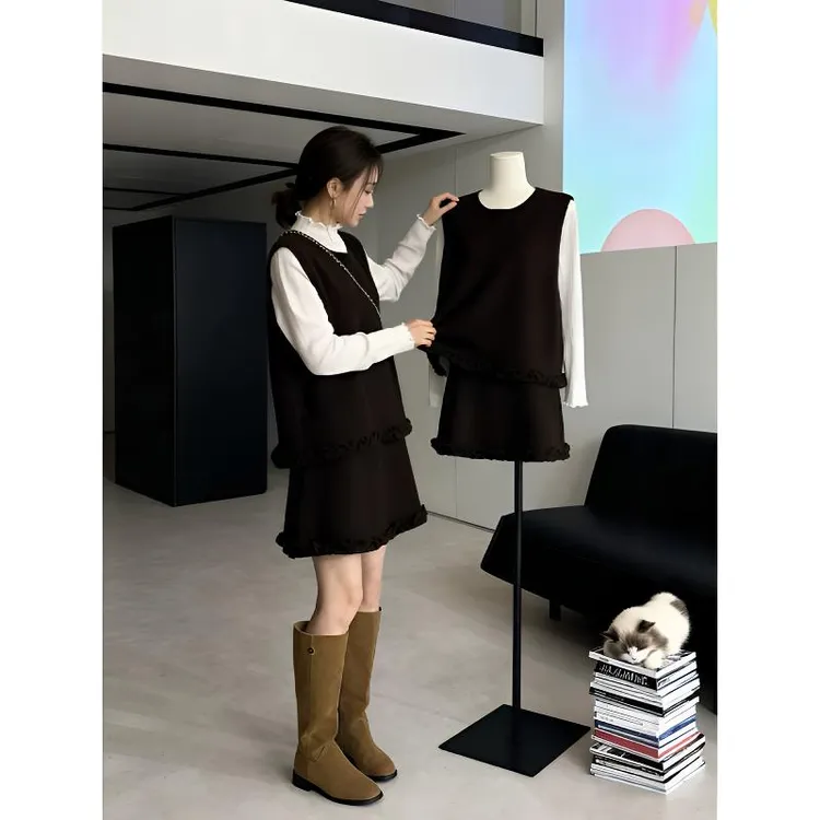 小香风套装女秋冬新款韩系木耳花边马甲背心长袖上衣半身裙三件套