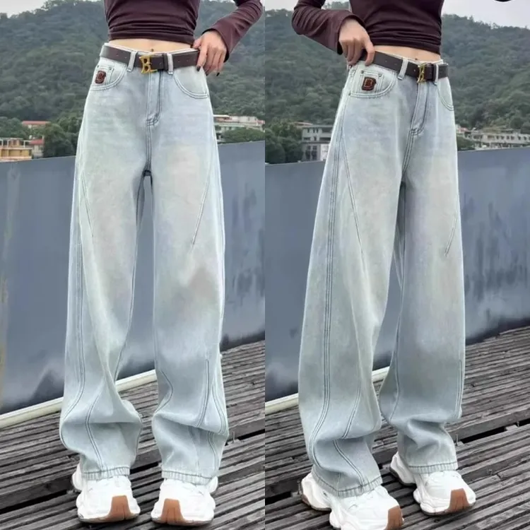 浅蓝色阔腿弯刀牛仔裤女秋季新款大码胖mm高腰显瘦宽松直筒拖地裤