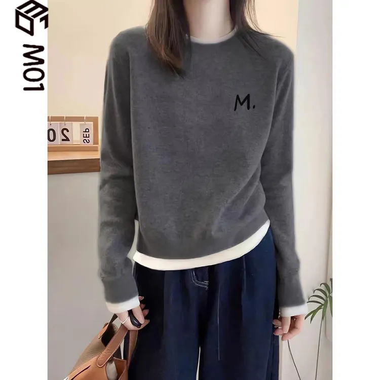 M01假两件德绒圆领磨毛长袖t恤女秋冬季高级感洋气加厚打底衫上衣