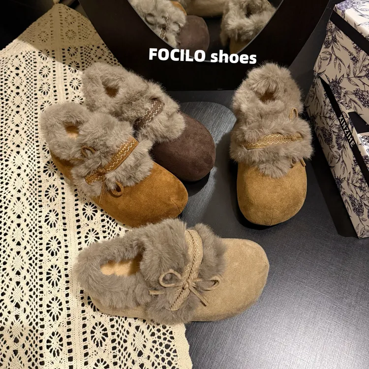 厚底增高勃肯鞋女冬季新款加绒保暖蝴蝶结复古魔术贴毛绒雪地靴子