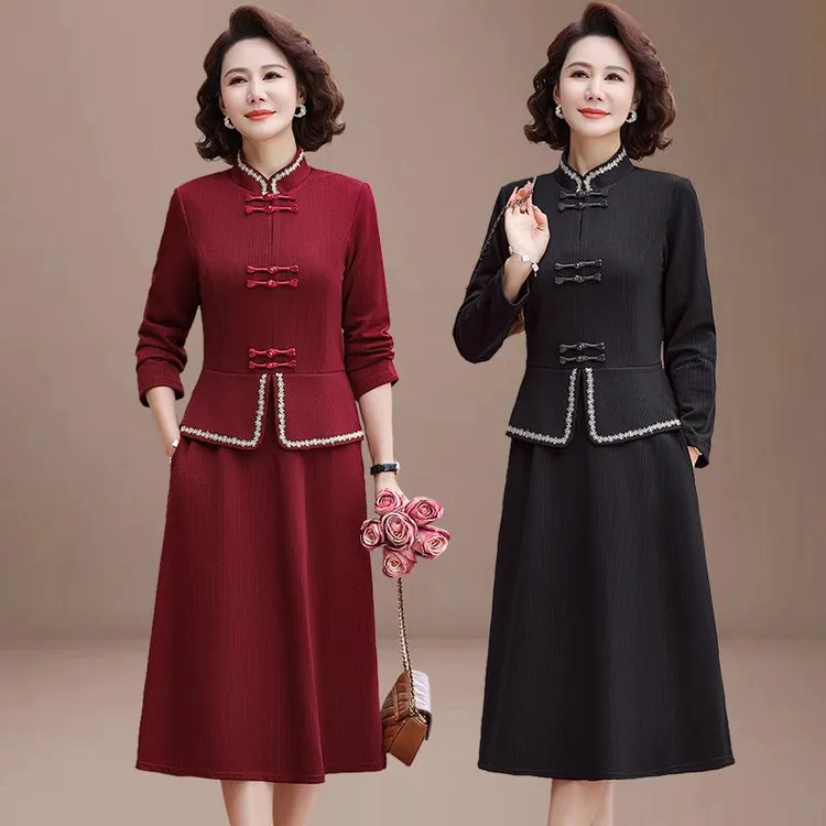 2025新款妈妈春装喜婆婆连衣裙女中老年女装春秋国风盘扣长袖裙子