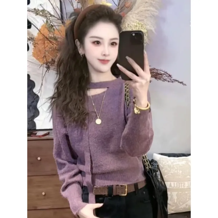 【阳光牛仔】“飘带毛衫”法式不规则开叉领长袖针织衫修身显瘦上衣