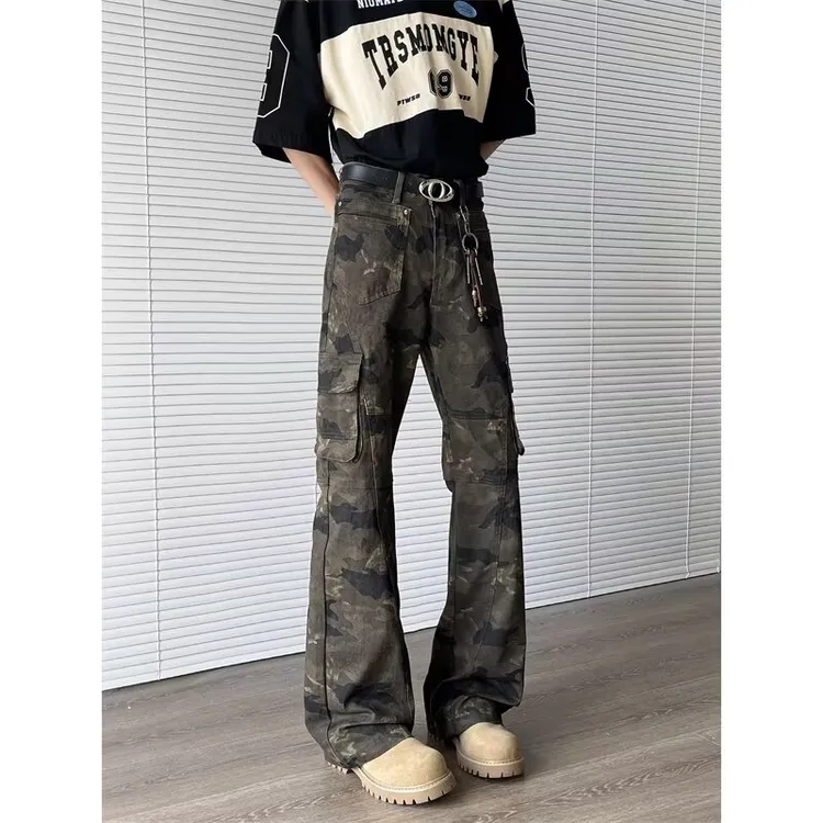 迷彩牛仔裤男款美式复古高街时尚修身微喇裤工装休闲显瘦直筒裤子