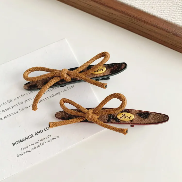 韩国新款复古豹纹蝴蝶结柳叶发夹简约气质刘海侧边夹碎发夹头饰