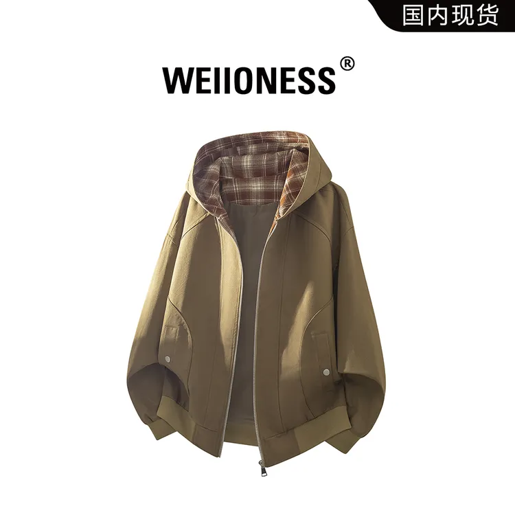 WEIIONESS潮流夹克男士秋季格纹帽百搭休闲大码工装上衣休闲外套