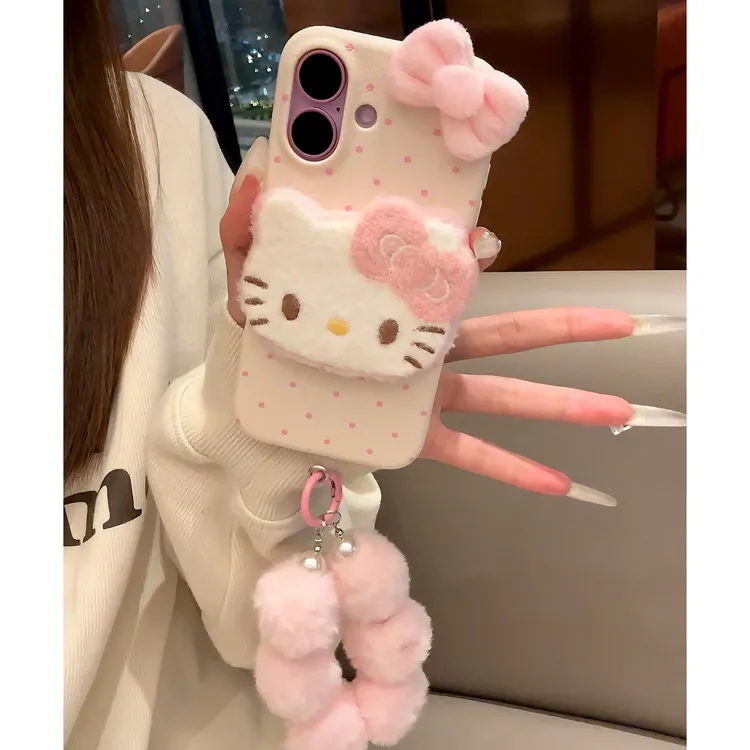 雅天立毛绒KT猫公仔适用苹果17promax挂绳手机壳15/13/iPhone16女