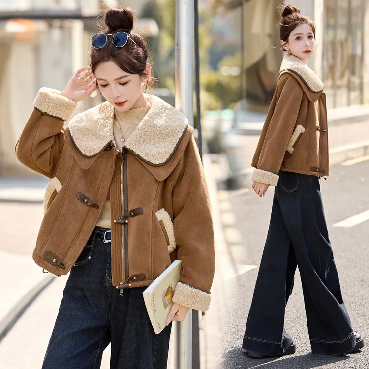 韩系复古羊羔毛外套女冬季2025新款韩系爆款皮毛一体加绒加厚棉服