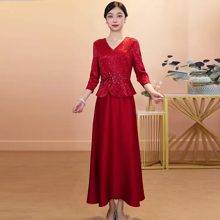 酒红色高端喜婆婆喜妈妈婚宴装婚礼妈妈装高档丈母娘婚宴礼服
