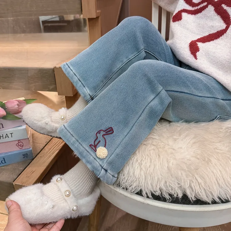 女童加绒牛仔喇叭裤秋冬季2025新款韩版儿童冬装女宝宝一体绒裤子