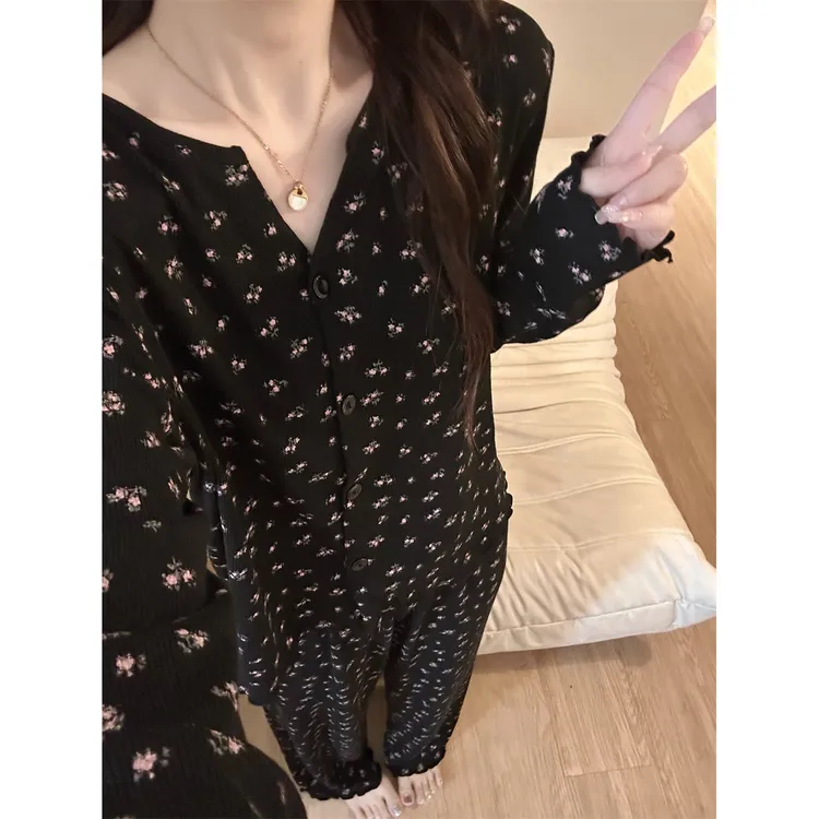 法式复古慵懒碎花针织睡衣女2025春秋新款大码开衫长裤家居服套装