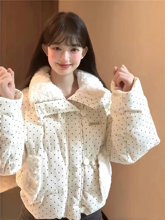 波点甜美风温柔棉衣外套女冬季新款韩系奶呼呼加厚棉衣小个子短款