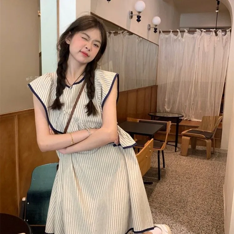 法式条纹小飞袖连夏不规则荷叶边背心裙宽松小个子娃娃裙子