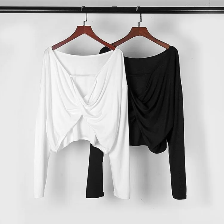小心机性感露背长袖女夏2023新款宽松纯色休闲后交叉纽结舞蹈上衣