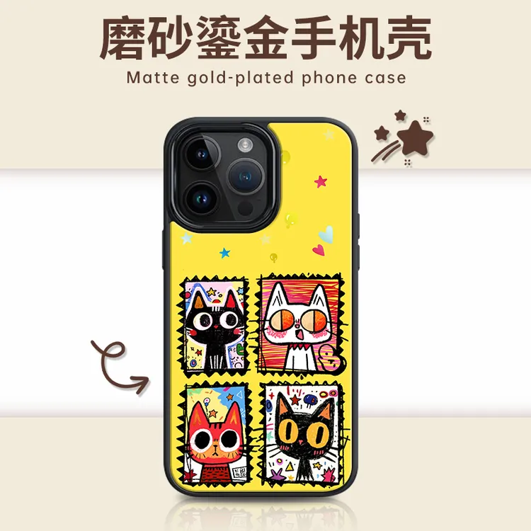适用苹果iphone17promax 鎏金焕金PC手机壳16/15/14四格猫咪
