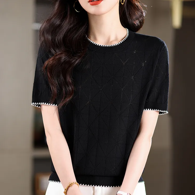 圆领镂空冰丝短袖t恤女夏装薄款宽松大码遮肚子针织衫黑色上衣
