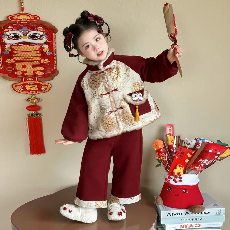 女童新中式国风汉服套装冬装儿童女宝宝小女孩过年衣服新年拜年服