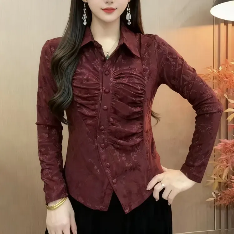 秋新款翻领洋气百搭气质长袖提花小衫减龄显瘦时尚女士洋气打底衫