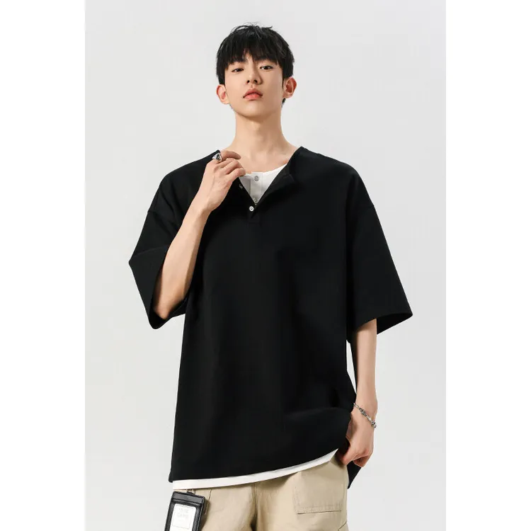 假两件亨利领T恤男款夏季设计感复古慵懒老钱风美式cleanfit短袖