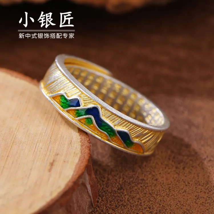 小银匠 足银戒指 999银新中式古风古法珐琅彩戒指送女友鎏金