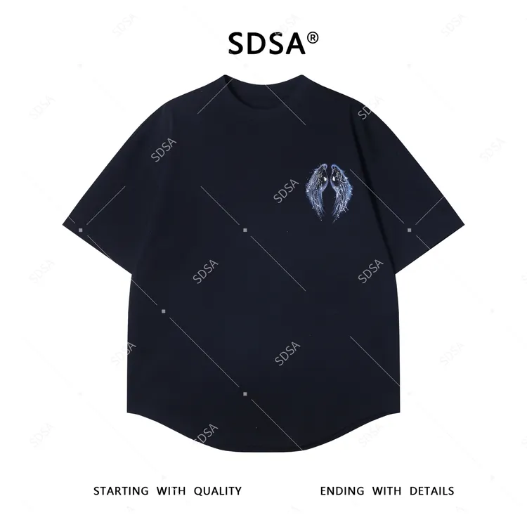 夏季高级感新款男士简约下摆不规则短袖T恤翅膀印花设计百搭上衣