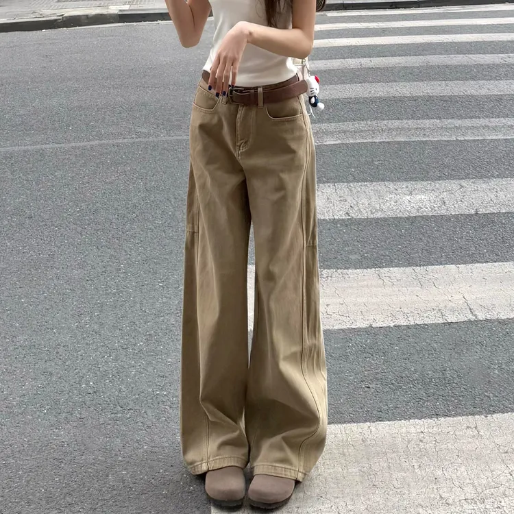 美式复古卡其色直筒牛仔裤女秋季新款胖妹妹mm高腰宽松显瘦阔腿裤