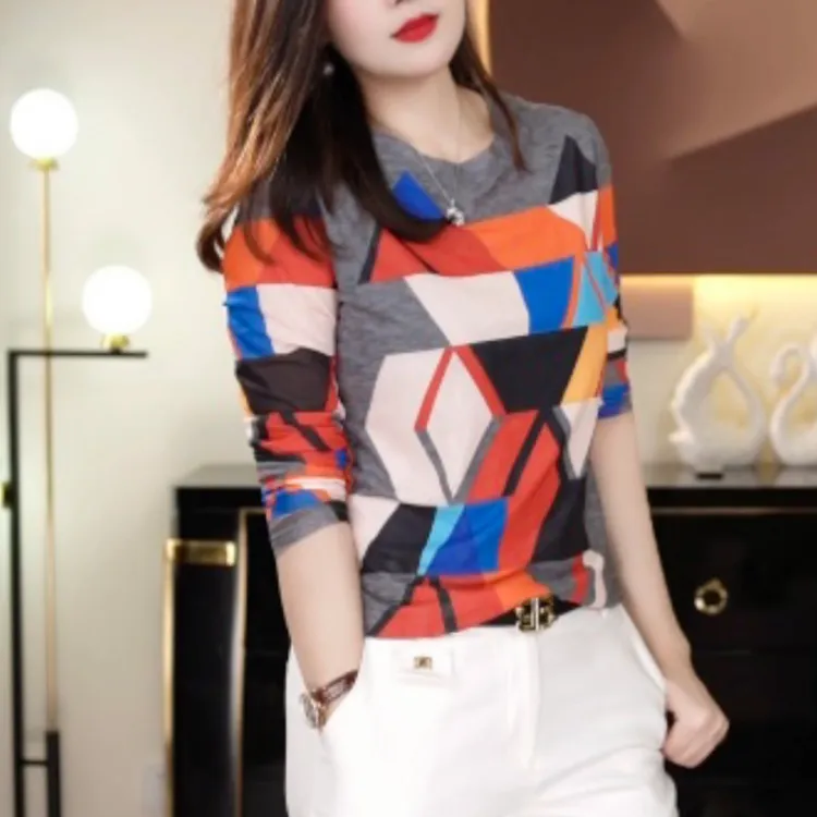 【几何图形】 修身印花圆领透气纱网长袖T恤网红显瘦休闲打底1603