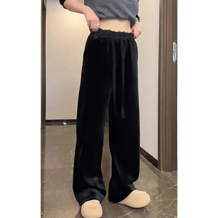黑色金丝绒阔腿裤女秋冬加绒款大码胖mm高腰直筒垂感宽松休闲裤子