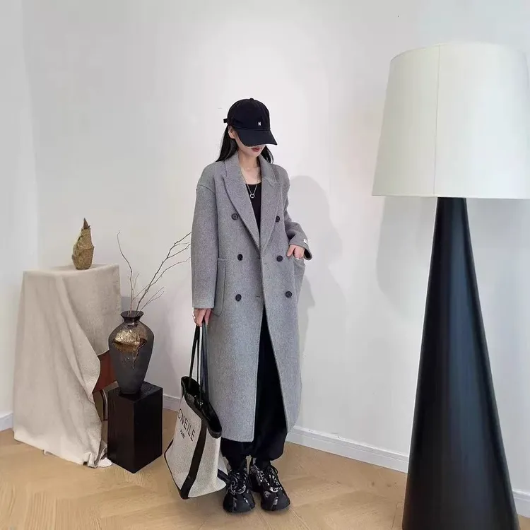 网红中长款毛呢外套气质韩版率性双面呢大衣长款宽松外套秋冬呢子
