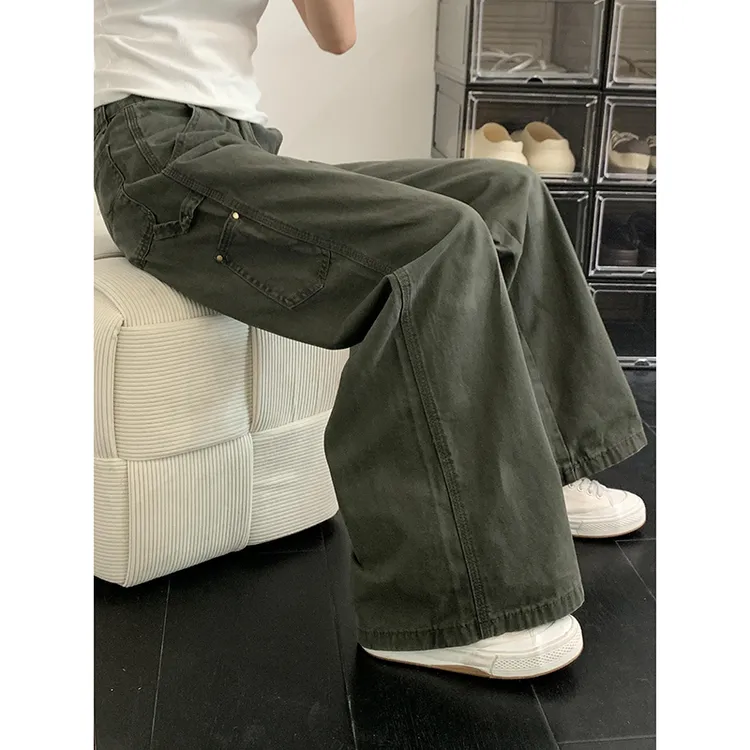 美式vibe高街工装裤男女夏季设计感复古水洗军绿色直筒阔腿牛仔裤