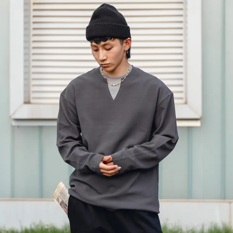 PrintsCrew重磅350克华夫格假两件长袖秋冬打底男装卫衣宽松纯色