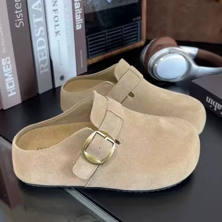 搭扣方头低跟皮带扣包头拖休闲凉拖半拖平底百搭春夏半托包头鞋女