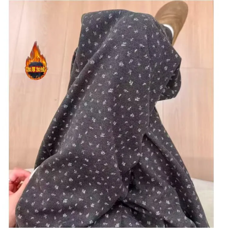 25秋冬新款碎花呢料加绒加厚半松紧宽松百搭显瘦垂感窄版直筒裤