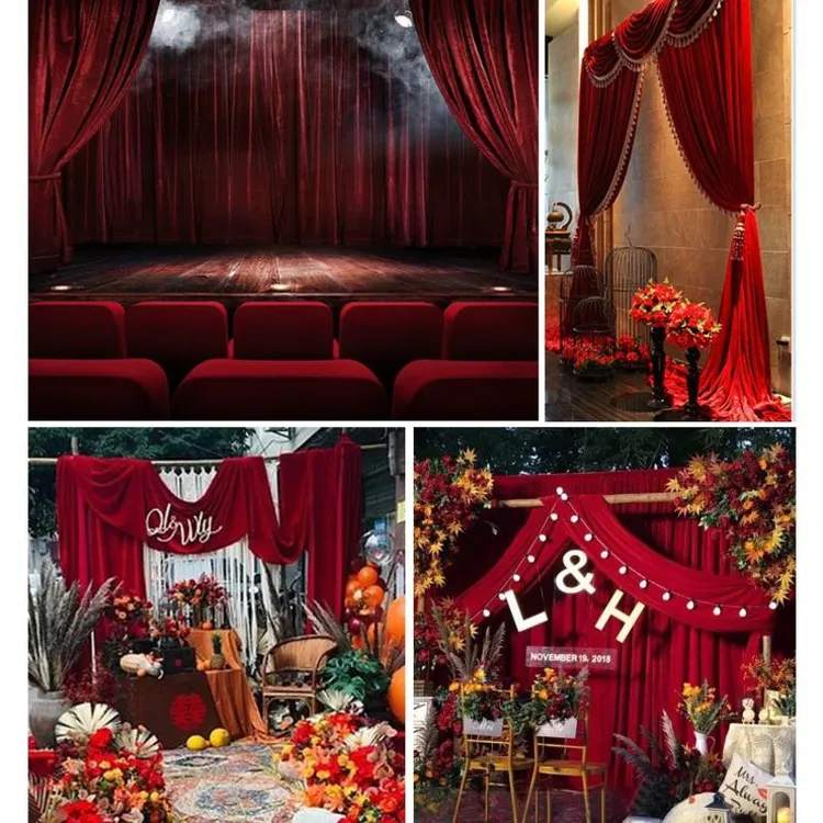 加厚金丝绒绒布婚庆布幔黑色金丝绒布婚礼舞台幕布酒红色背景布