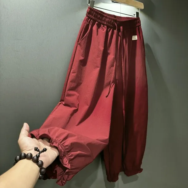 设计感酒红色木耳花边高腰九分阔腿灯笼裤小个子裤子女夏季宽松