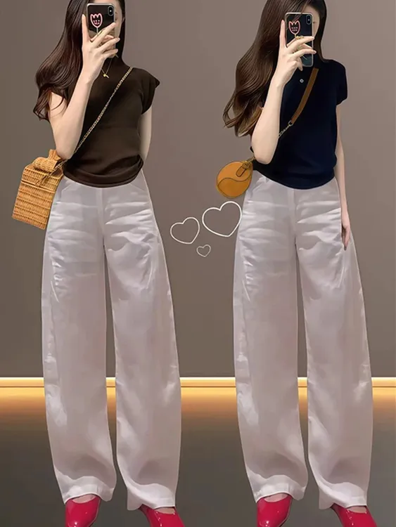 白色亚休闲裤夏季薄款时尚高腰宽松显瘦大码胖mm小个子垂感拖地裤