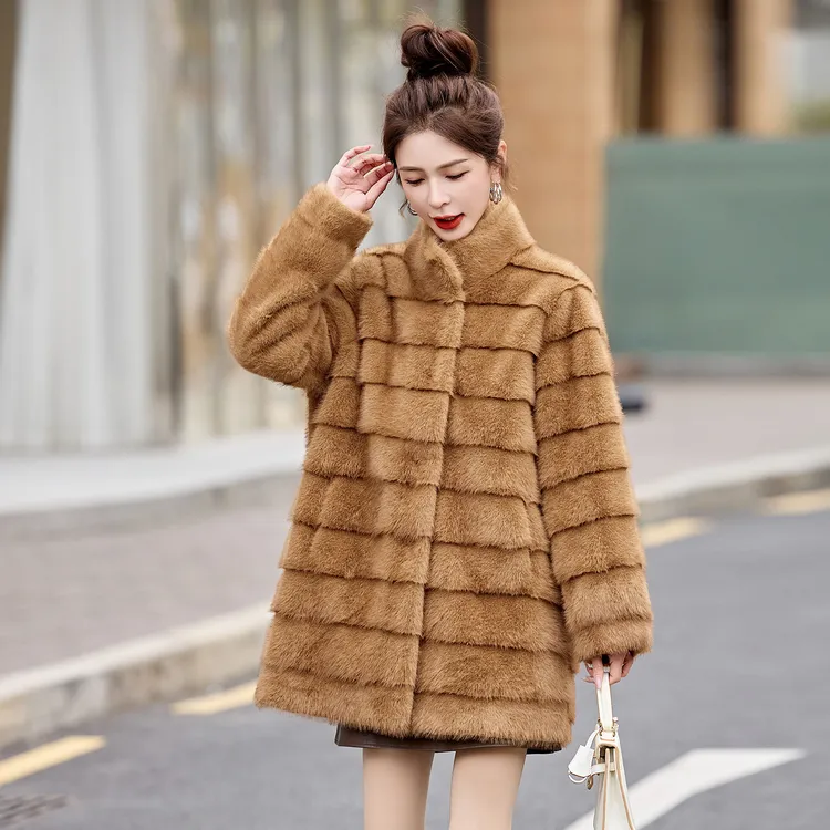 人造皮草 立领条纹环保皮草女冬季新款高级感气质仿水貂毛皮毛一