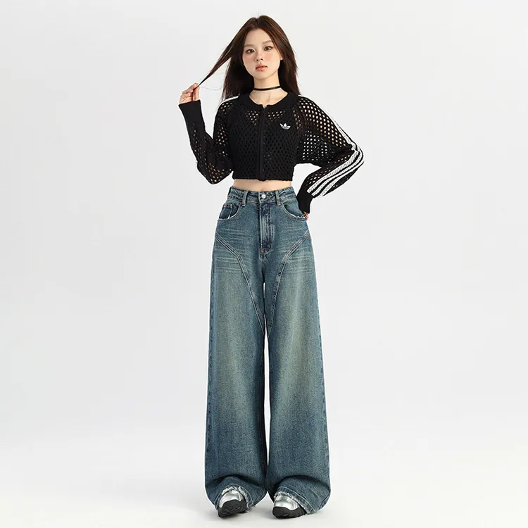 美式复古宽松设计感小众时尚百搭高腰显瘦直筒阔腿牛仔裤女