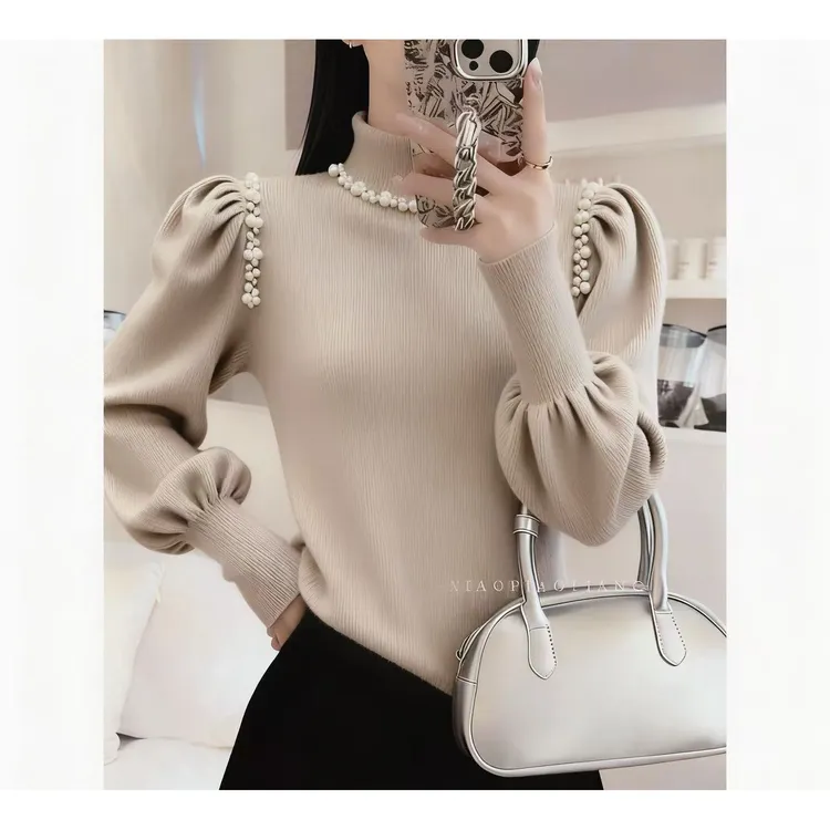 法式半高领甜美钉珠设计感针织衫泡泡袖通勤风上衣5261#0.1 yy