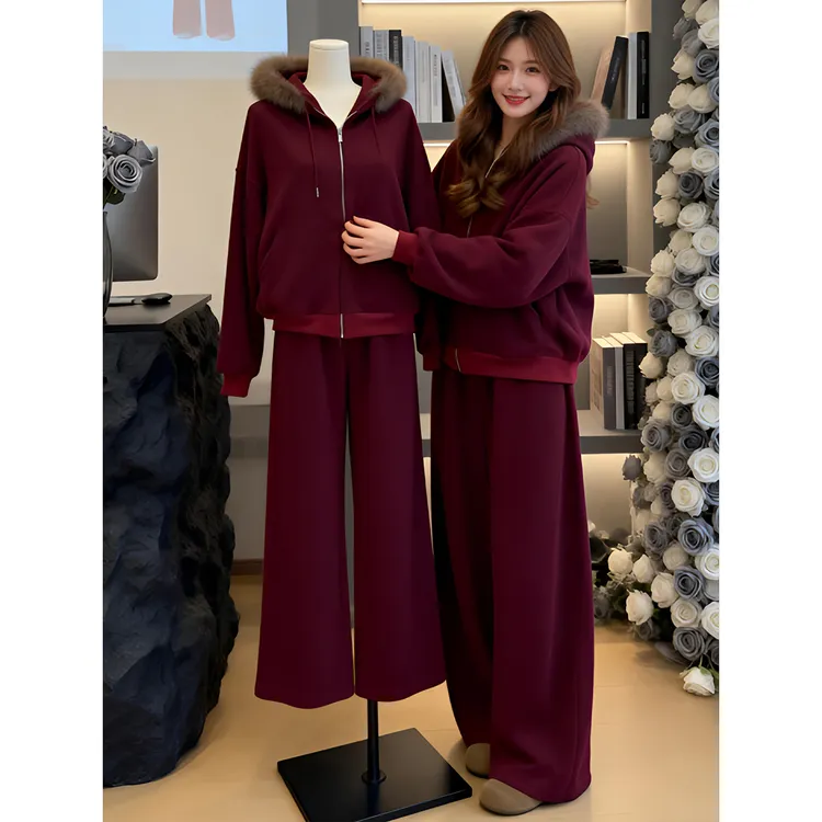 高级感慵懒风毛领连帽卫衣卫裤套装女秋冬加绒加厚休闲时尚两件套