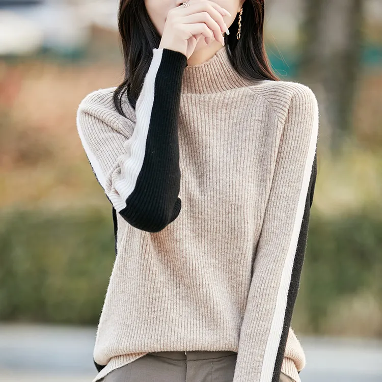 半高领宽松型格子针织常规衫秋冬女士内搭纯色