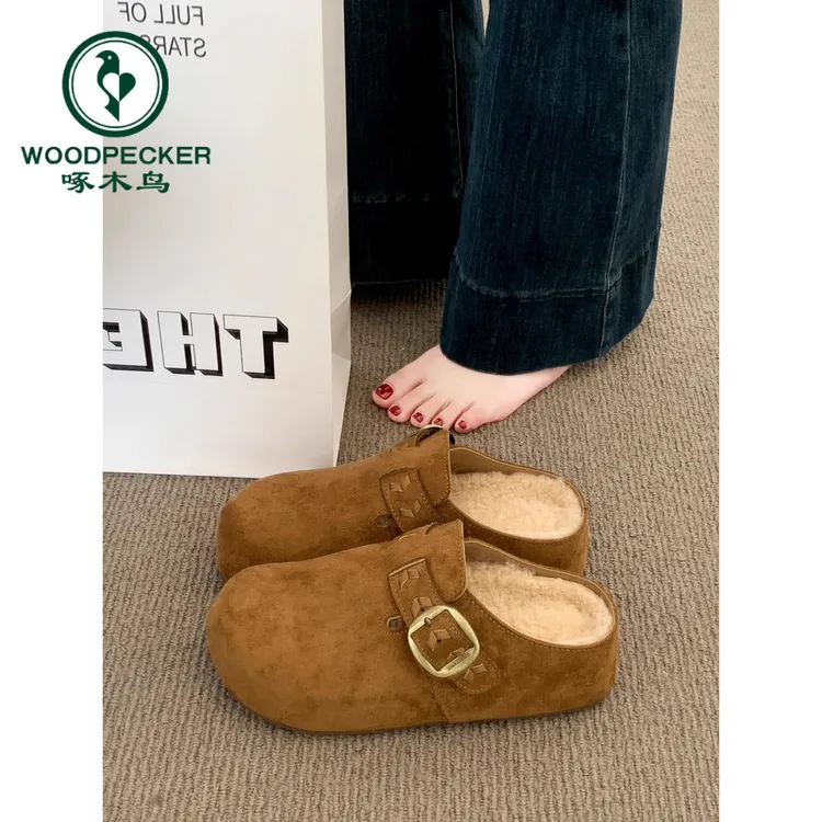 啄木鸟厚底增高加绒包头毛毛半拖鞋女外穿2025冬新款勃肯鞋棉拖鞋
