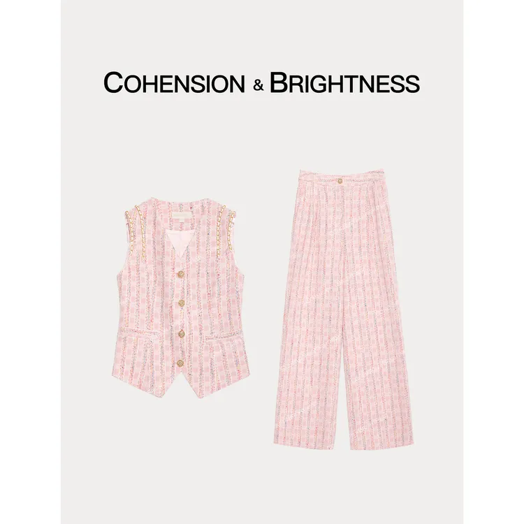 凝慧真的好【雨意微甜】春夏法式时尚V领无袖粉色马甲长裤套装TR016