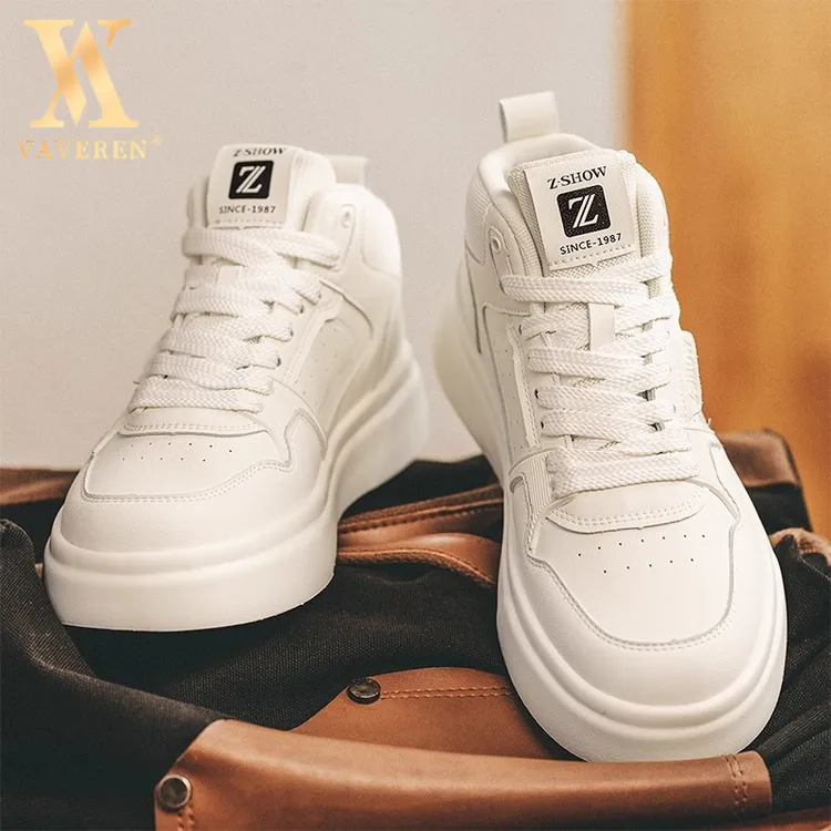 男鞋2025新款高级感百搭男士休闲板鞋厚底白色男士皮面休闲板鞋
