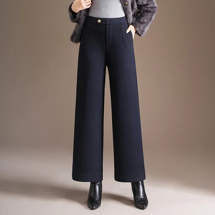 高腰秋冬休闲裤藏青色窄版阔腿裤松紧腰休闲毛呢黑色显瘦百搭外穿